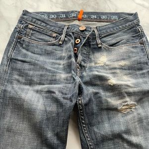 Earnest Sewn medium wash distressed denim jeans, 29 x 32, Rare